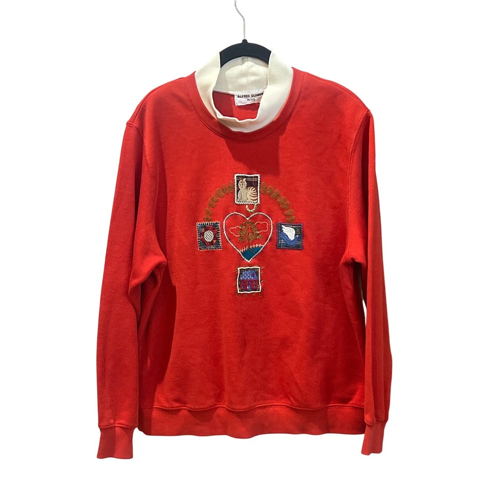 Alfred Dunner Petite Red Crewneck Sweatshirt Embroidered Cat Heart Patchwork